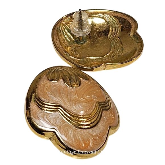 Vtg Enamel Peach Clip On Earrings Woman' Jewelry 80's Goldtone Retro Swirl Shell - Picture 5 of 11